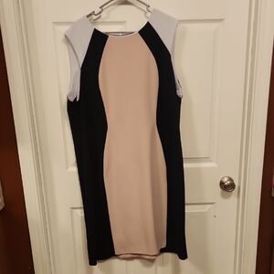 Shelby & Palmer Tan Sheath Midi Dress Sleeveless Crew Neck